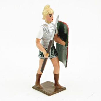 Romain avec bouclier au bras gauche et pilum, uniforme blanc-argent-vert , boucl