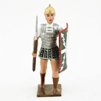 Romain avec bouclier au bras gauche et pilum, uniforme blanc-argent-vert , boucl