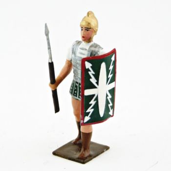 romain avec bouclier au bras gauche et pilum, uniforme blanc-argent-vert , boucl