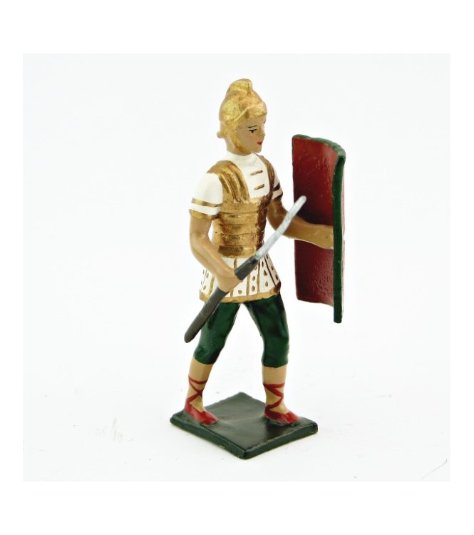 Romain avec bouclier au bras gauche et pilum, uniforme blanc-or-vert, bouclier 