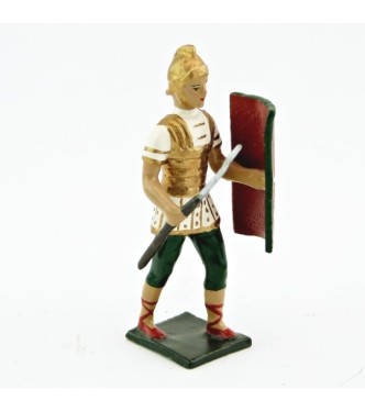 Romain avec bouclier au bras gauche et pilum, uniforme blanc-or-vert, bouclier 