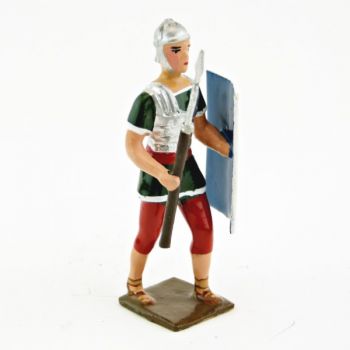 Romain avec bouclier au bras gauche et pilum, uniforme blanc-or-vert-rouge, bouc