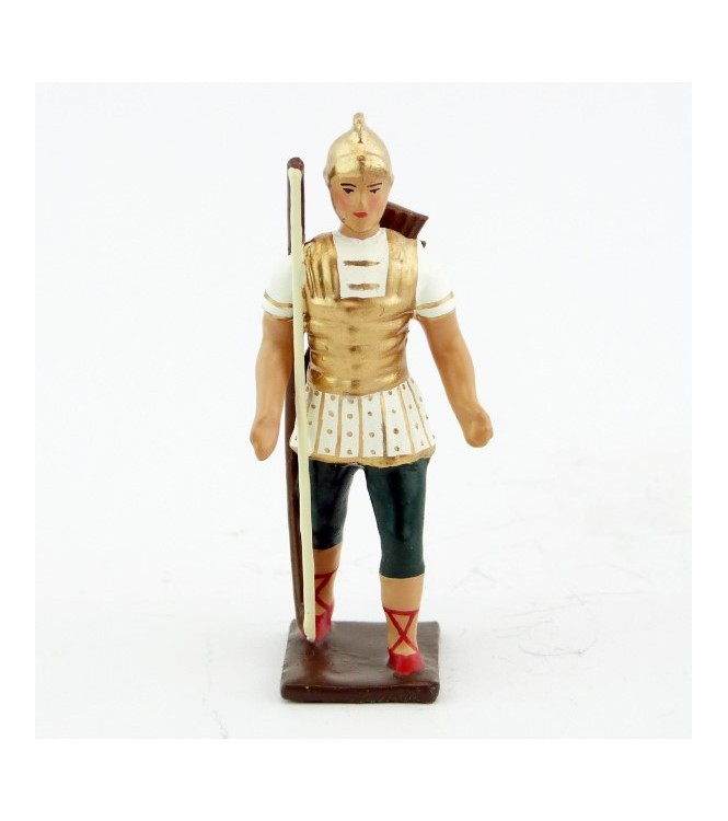 Romain avec arc et carquois, uniforme blanc-or-vert, bouclier caducée à fond r