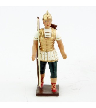 Romain avec arc et carquois, uniforme blanc-or-vert, bouclier caducée à fond r