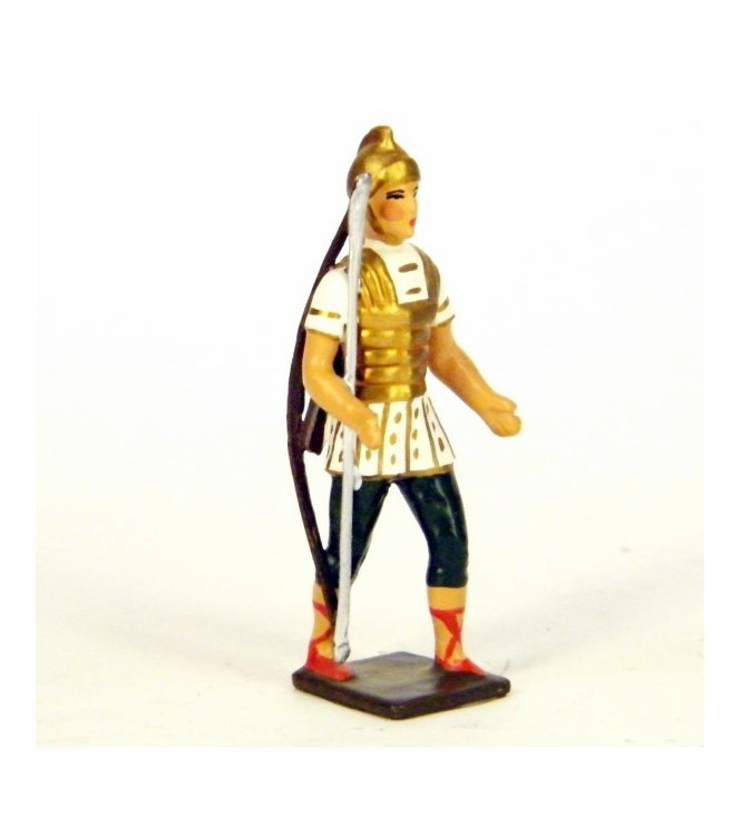 Romain avec arc et carquois, uniforme blanc-or-vert, bouclier caducée à fond r