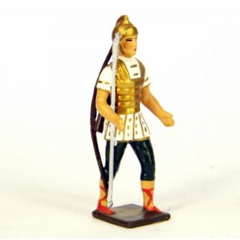 Romain avec arc et carquois, uniforme blanc-or-vert, bouclier caducée à fond r