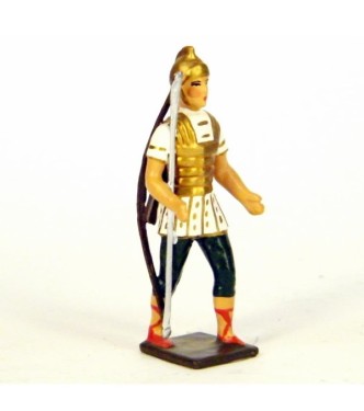 Romain avec arc et carquois, uniforme blanc-or-vert, bouclier caducée à fond r