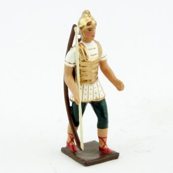 Romain avec arc et carquois, uniforme blanc-or-vert, bouclier caducée à fond r