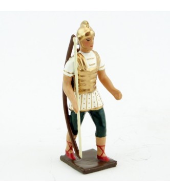Romain avec arc et carquois, uniforme blanc-or-vert, bouclier caducée à fond r