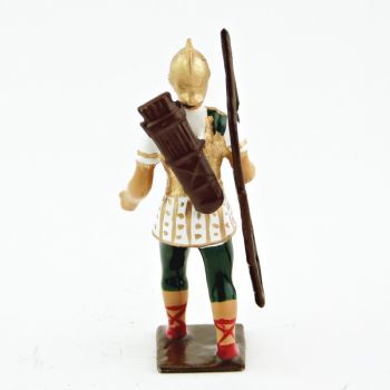 Romain avec arc et carquois, uniforme blanc-or-vert, bouclier caducée à fond r