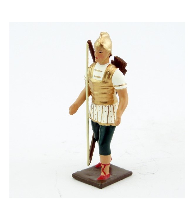 Romain avec arc et carquois, uniforme blanc-or-vert, bouclier caducée à fond r