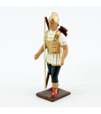 Romain avec arc et carquois, uniforme blanc-or-vert, bouclier caducée à fond r