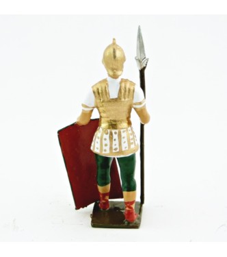 Romain bouclier posé au sol, uniforme blanc-or-vert, bouclier caducée à fond r