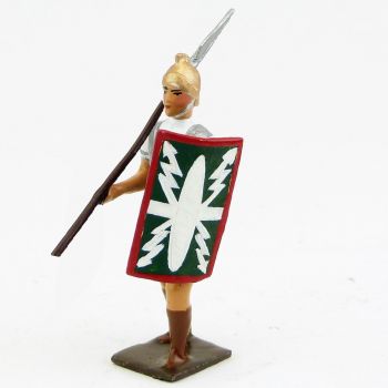 Romain avec lance (javelot) sur l'épaule, uniforme blanc-argent-vert , bouclier