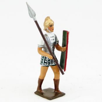 Romain avec lance (javelot) sur l'épaule, uniforme blanc-argent-vert , bouclier