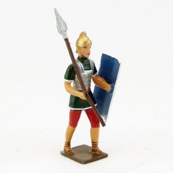 Romain avec lance (javelot) sur l'épaule, uniforme blanc-or-vert-rouge, bouclier