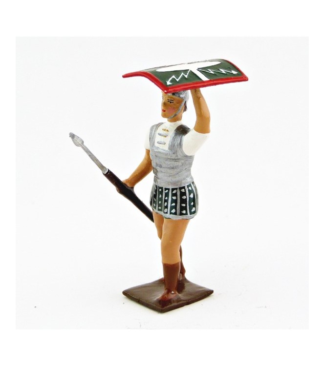 romain de la tortue, avec bouclier en l'air et pilum en avant