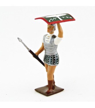 romain de la tortue, avec bouclier en l'air et pilum en avant