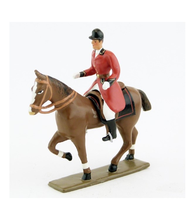 cavalier, redingote rouge, mains nues sur cheval au pas