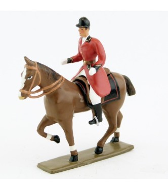 cavalier, redingote rouge, mains nues sur cheval au pas