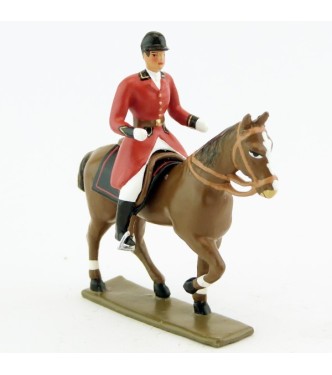 cavalier, redingote rouge, mains nues sur cheval au pas