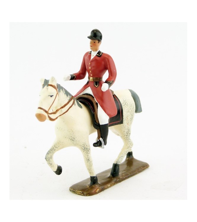 cavalier, redingote rouge, mains nues sur cheval au pas blanc