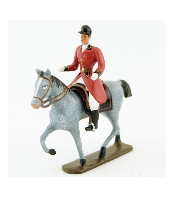 cavalier, redingote rouge, mains nues sur cheval au pas gris