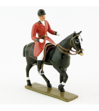 cavalier, redingote rouge, mains nues sur cheval au pas noir