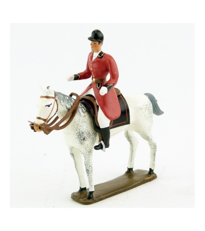 cavalier, redingote rouge, dague à la ceinture sur cheval blanc debout