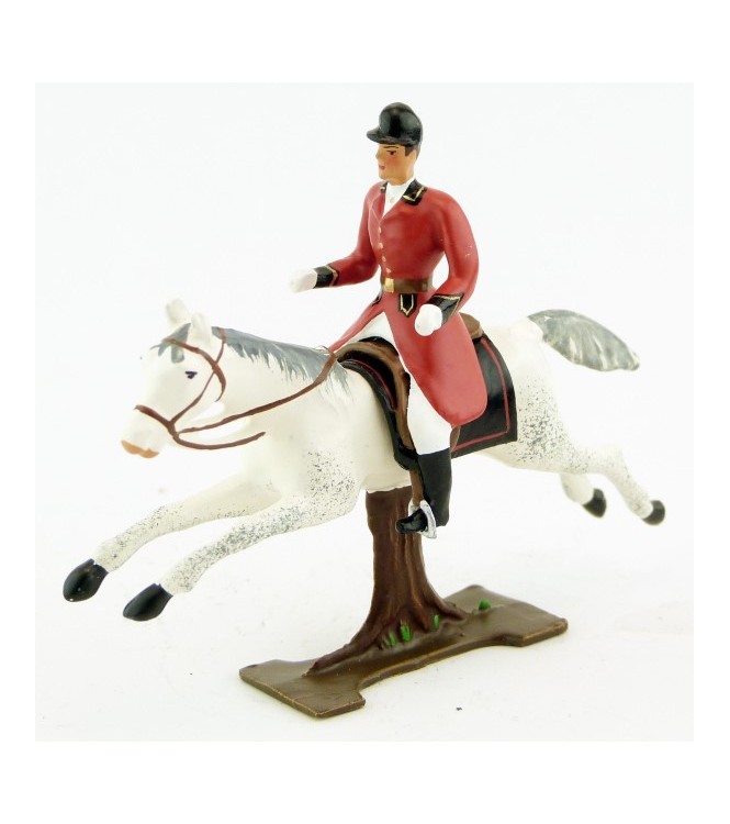 cavalier, redingote rouge, dague à la ceinture, sur cheval blanc au galop