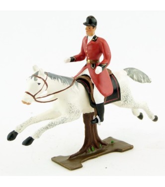 cavalier, redingote rouge, dague à la ceinture, sur cheval blanc au galop