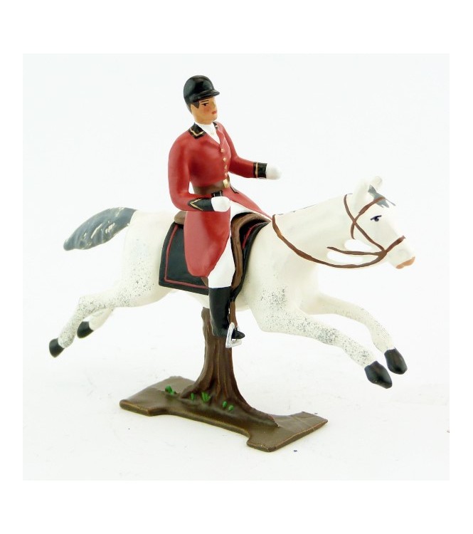 cavalier, redingote rouge, dague à la ceinture, sur cheval blanc au galop
