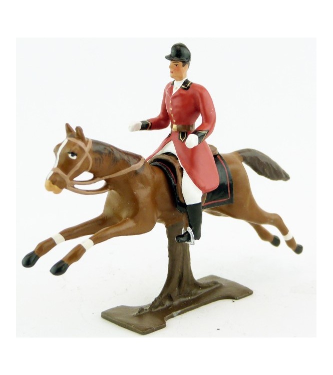 cavalier, redingote rouge, dague à la ceinture, sur cheval alezan au galop