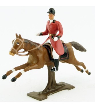 cavalier, redingote rouge, dague à la ceinture, sur cheval alezan au galop
