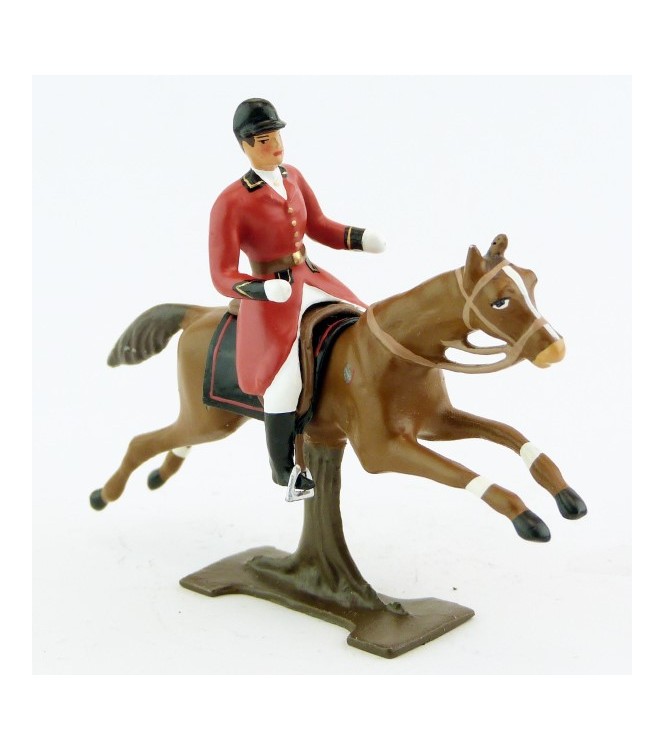cavalier, redingote rouge, dague à la ceinture, sur cheval alezan au galop