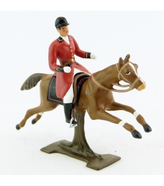 cavalier, redingote rouge, dague à la ceinture, sur cheval alezan au galop
