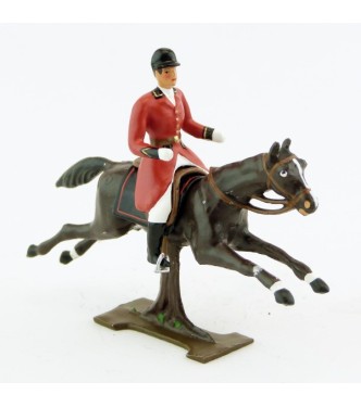 cavalier, redingote rouge, dague à la ceinture, sur cheval marron (bai) au galop