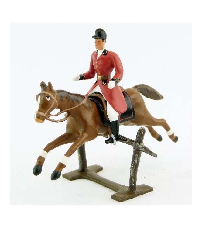 cavalier, redingote rouge, dague à la ceinture, sur cheval alezan sautant barriè