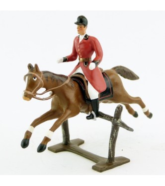 cavalier, redingote rouge, dague à la ceinture, sur cheval alezan sautant barriè