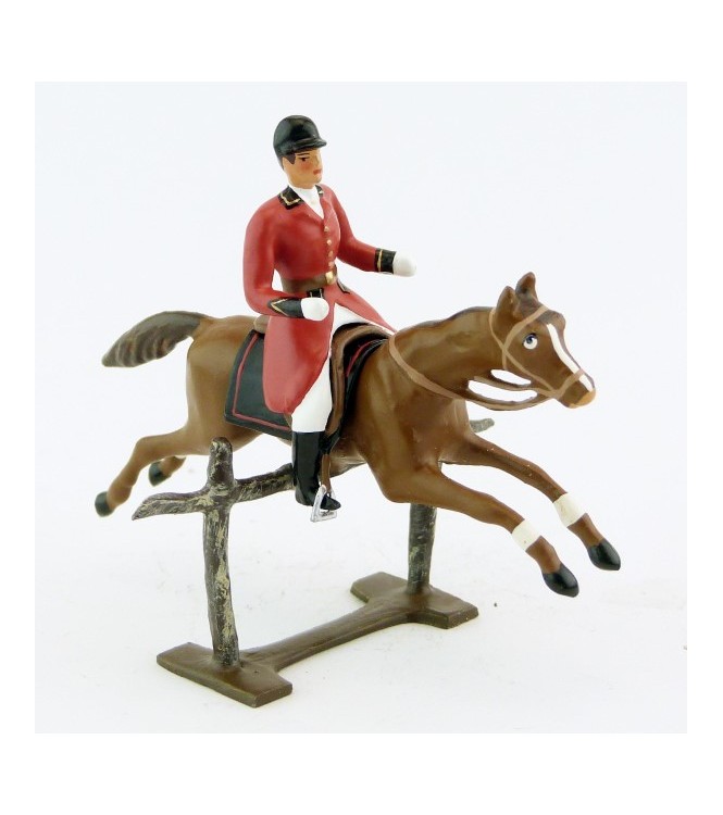 cavalier, redingote rouge, dague à la ceinture, sur cheval alezan sautant barriè