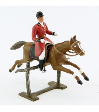 cavalier, redingote rouge, dague à la ceinture, sur cheval alezan sautant barriè