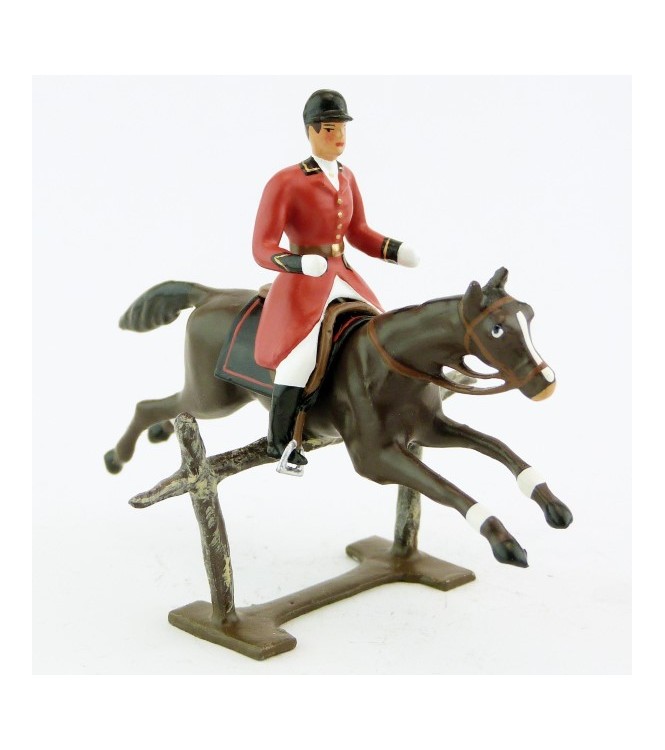 cavalier, redingote rouge, dague à la ceinture, sur cheval marron sautant barriè