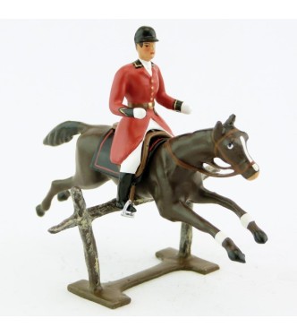 cavalier, redingote rouge, dague à la ceinture, sur cheval marron sautant barriè