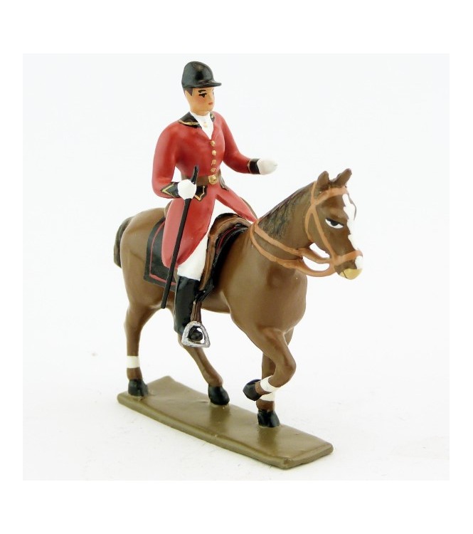 cavalier, redingote rouge, avec cravache (fouet à la ceinture) sur cheval alezan