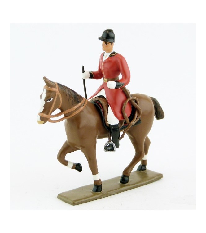cavalier, redingote rouge, avec cravache (fouet à la ceinture) sur cheval alezan