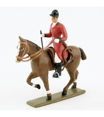 cavalier, redingote rouge, avec cravache (fouet à la ceinture) sur cheval alezan