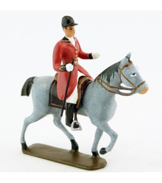cavalier, redingote rouge, avec cravache (fouet à la ceinture) sur cheval gris