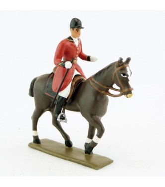 cavalier, redingote rouge, avec cravache (fouet à la ceinture) sur cheval marron