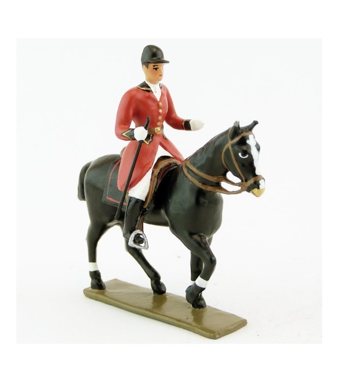 cavalier, redingote rouge, avec cravache (fouet à la ceinture) sur cheval noir