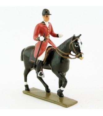 cavalier, redingote rouge, avec cravache (fouet à la ceinture) sur cheval noir